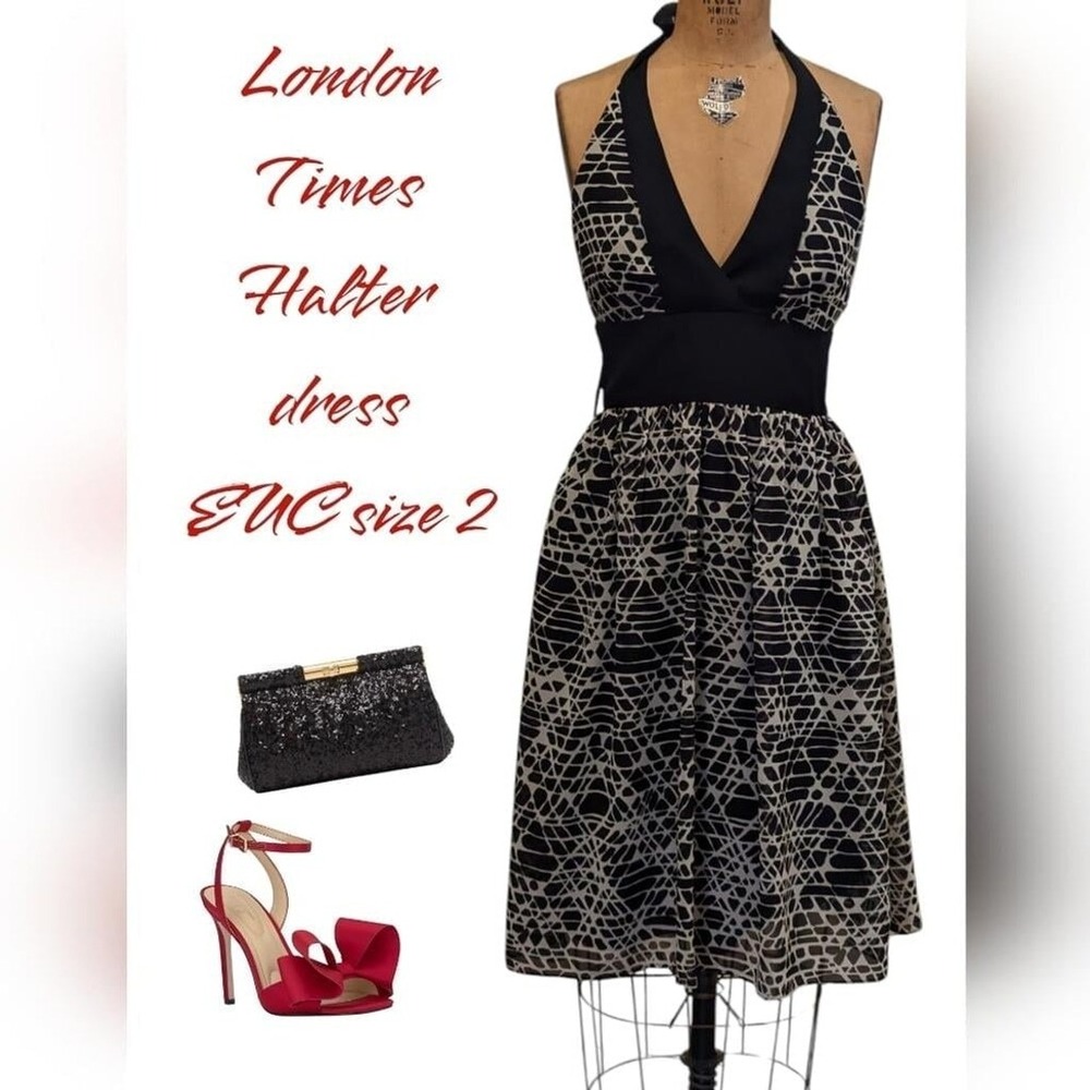 London Times Halter Dress Black White Geometric Abstract Women Size 2